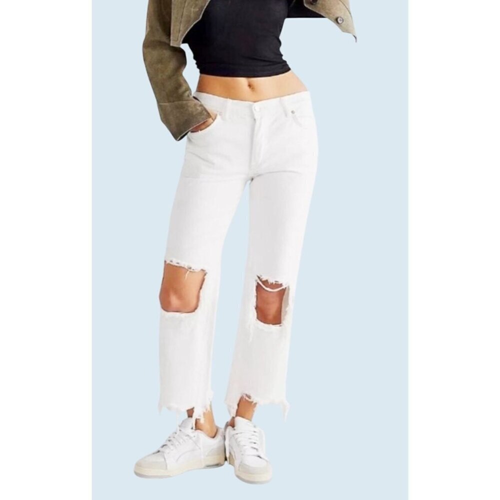 FREE PEOPLE / We the Free Maggie Mid Rise Straight Leg Busted Knee Jeans Sz 29